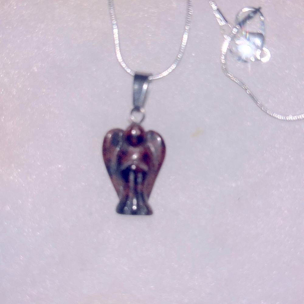 Boho Mahogany Obsidian Crystal Angel Sterling Silver Necklace 16”